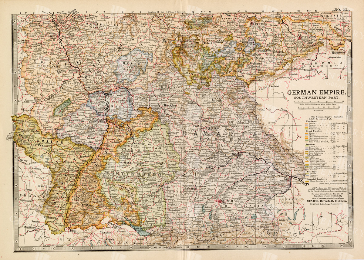 Vintage Map Of The Southwestern Part Of The German Empire With Regional Details