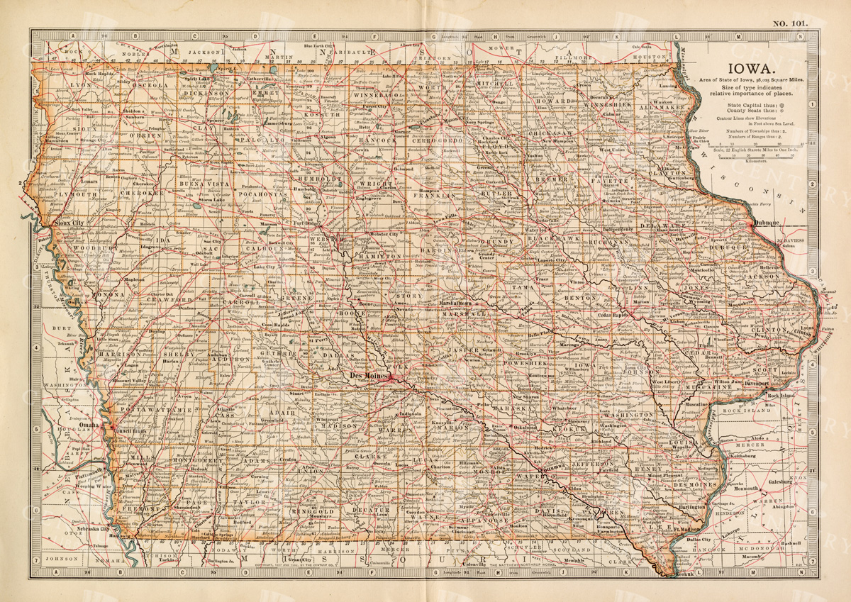 Detailed Antique Map Of Iowa With County Boundaries And Transportation Routes