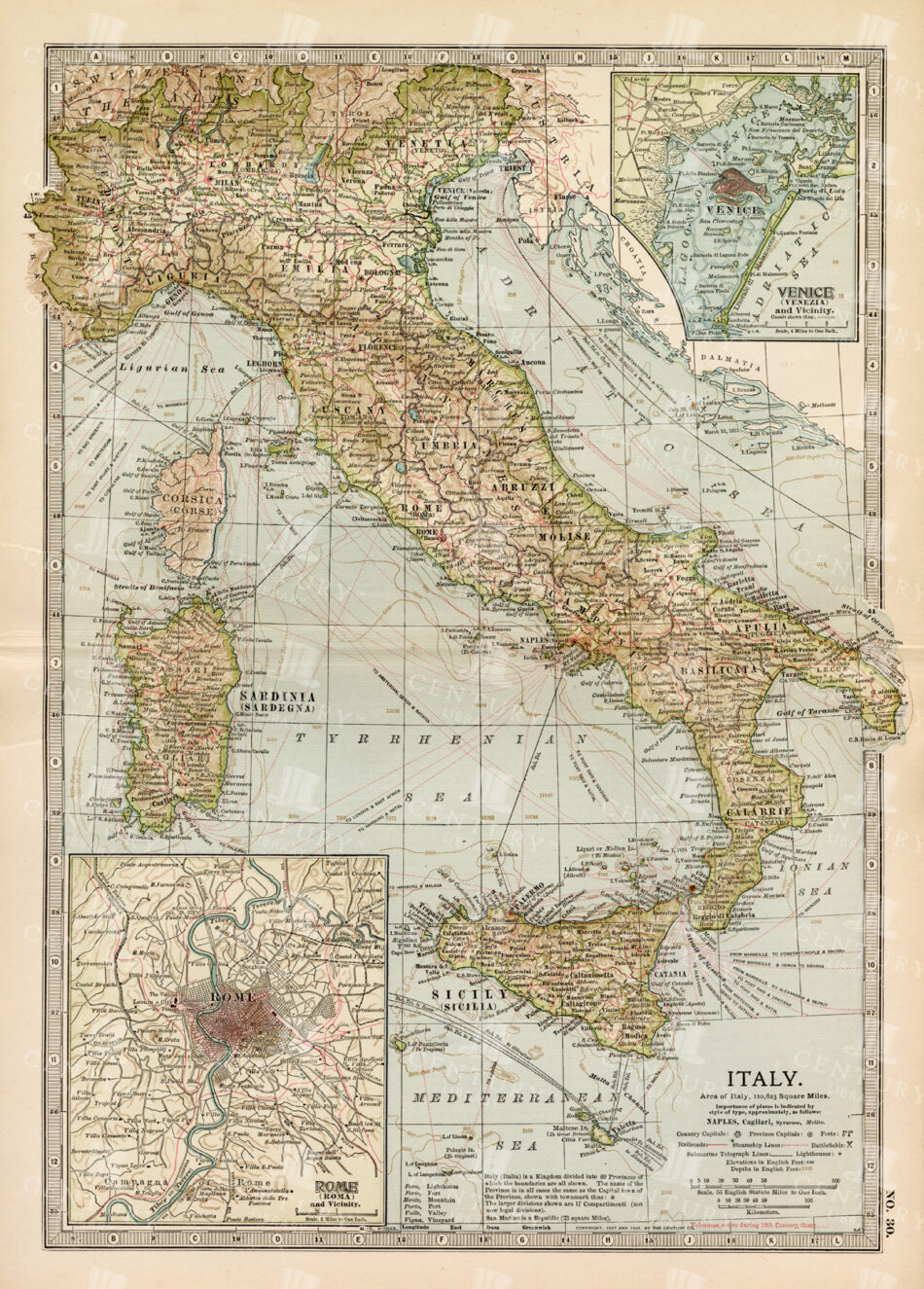 1897 Map Of Italy: Comprehensive View Including Rome And Venice