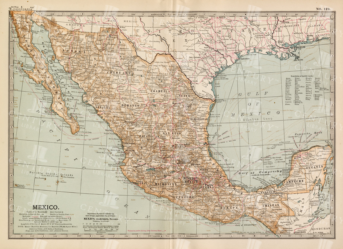 Antique Map Of Mexico Showing Topography And Major Cities