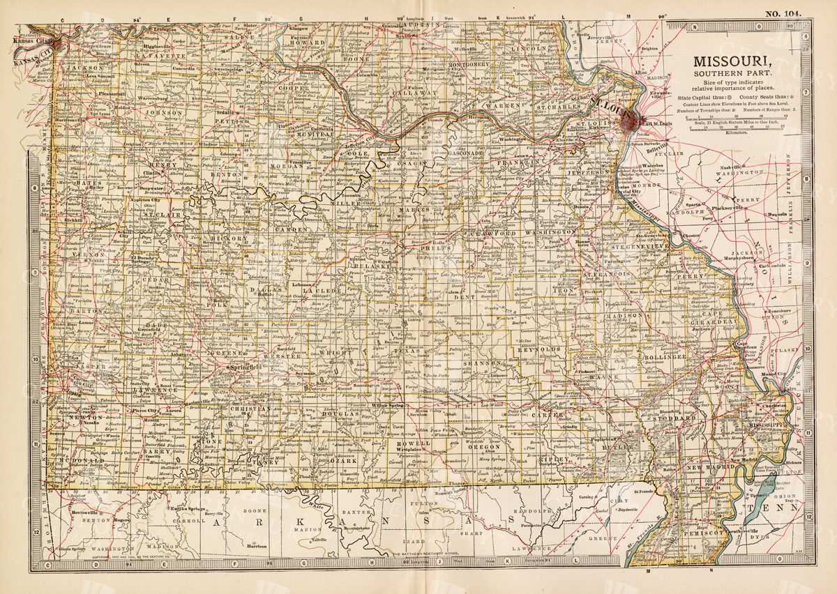 Antique Map Of Southern Missouri With Transportation Networks