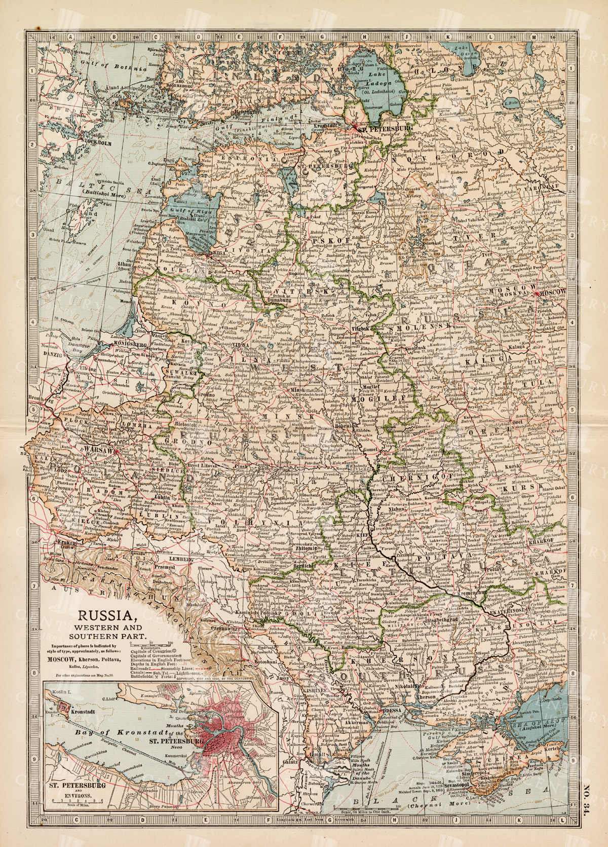 19th Century Map Of Russia's Western And Southern Parts With St. Petersburg
