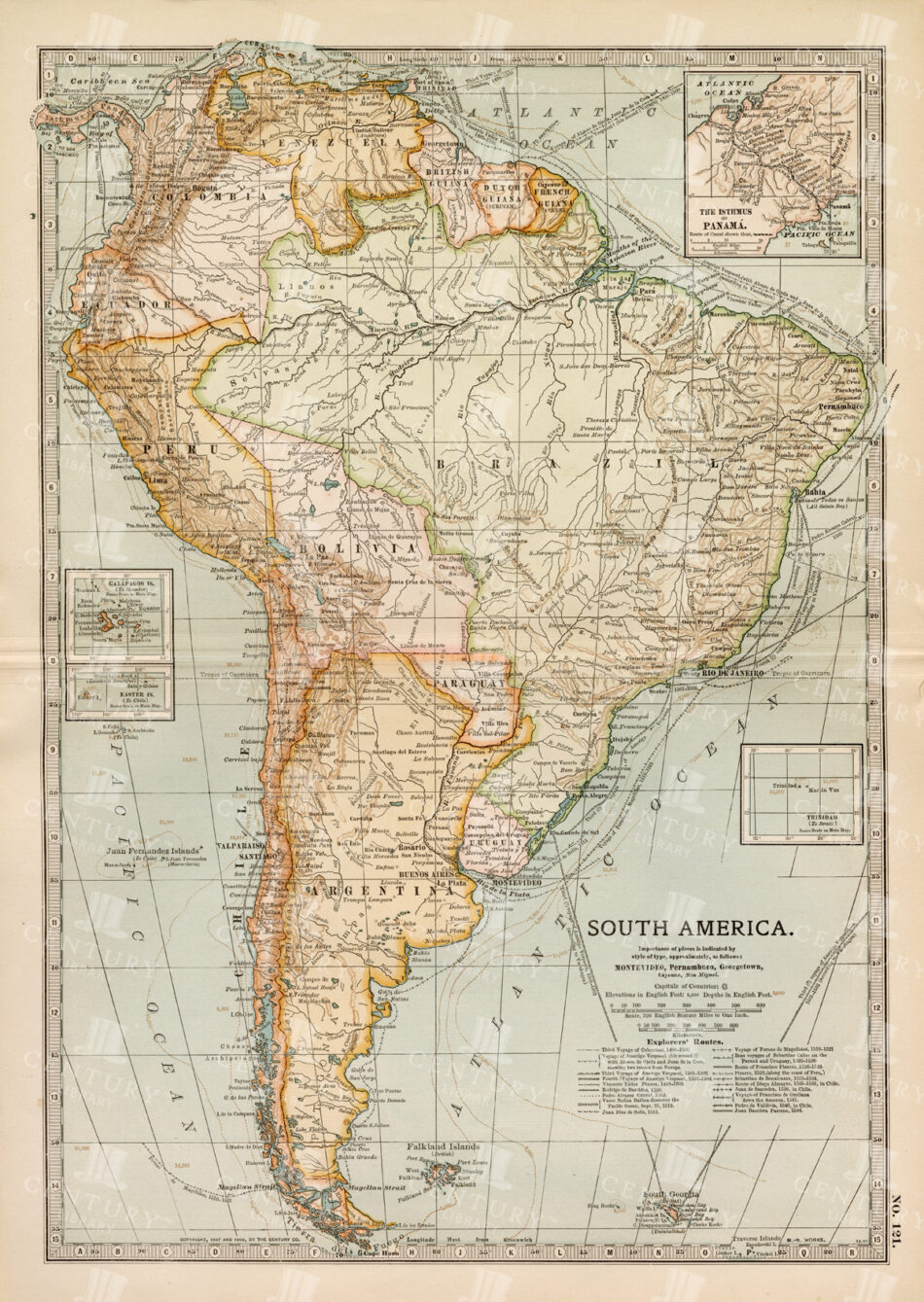 South America Political Map With Colored Country Outlines, Coastal Route Lines, And Insets Of Panama And Galapagos