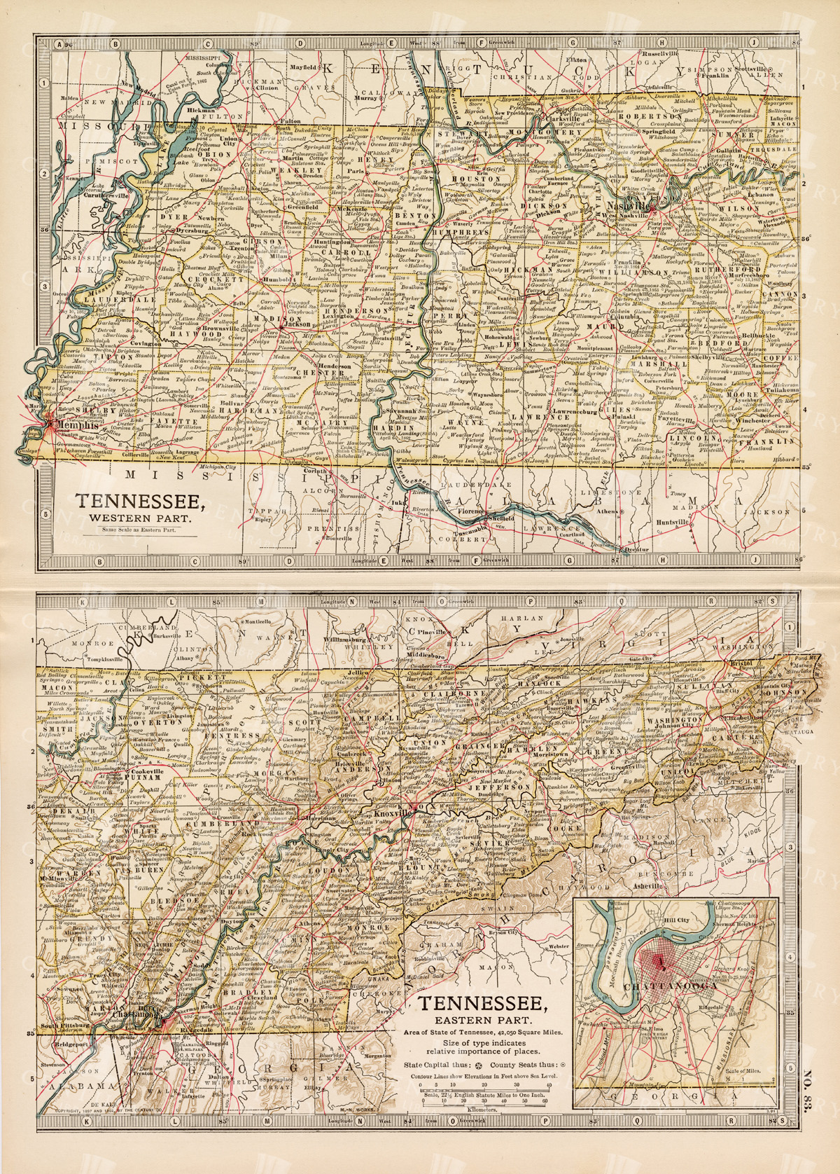 Antique Map Of Tennessee, Usa - Eastern And Western Parts