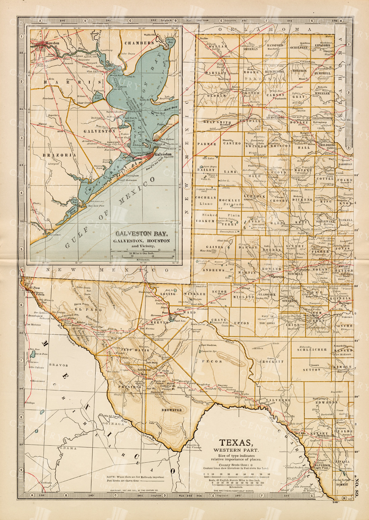 Antique Map Of Texas, Western Part With Galveston Bay