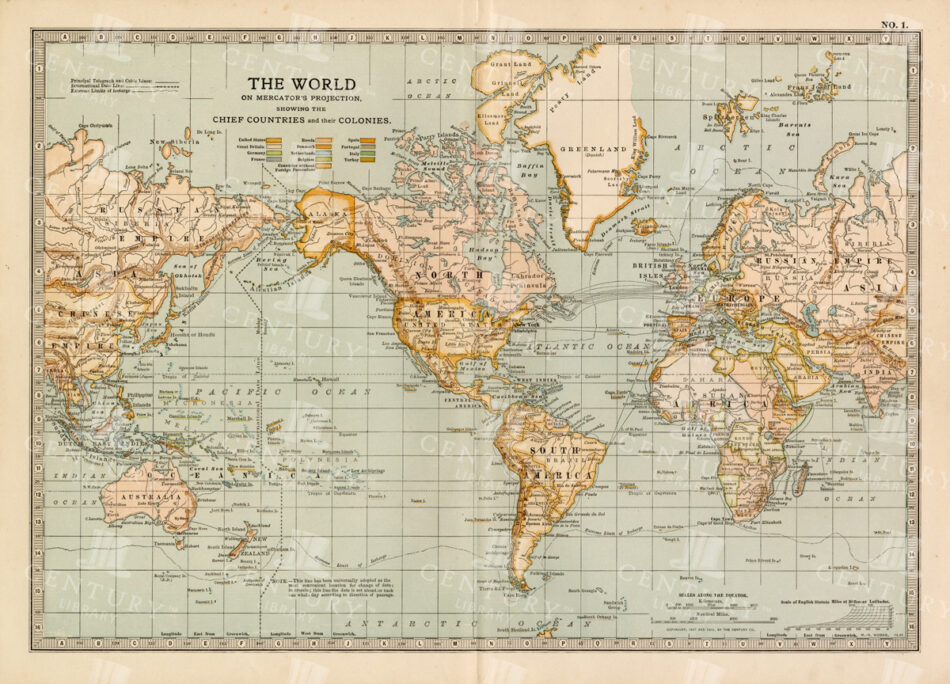 World Map On Mercator Projection - Pastel Political Shading With Colonies Legend And Routes - Decorative Border