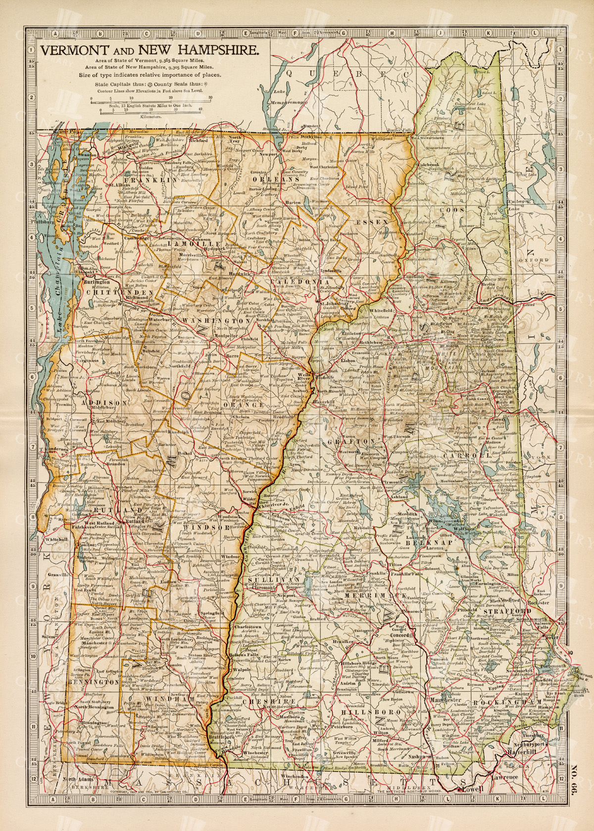 Antique Map Of Vermont And New Hampshire