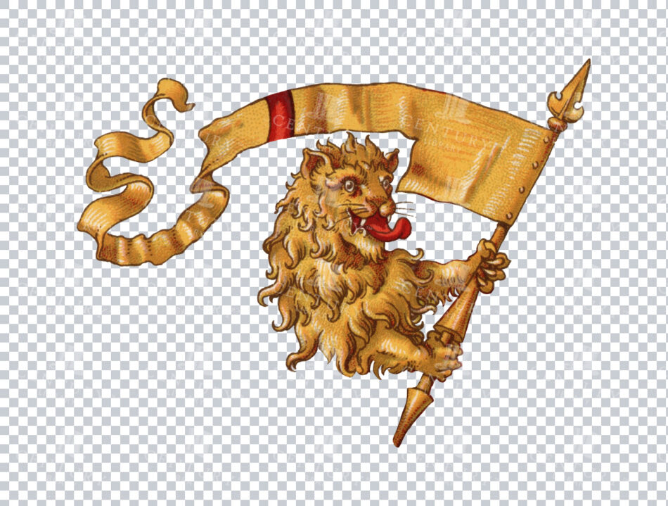 Heraldic Lion Clutching A Pennoned Lance - Shaggy Golden Mane, Red Tongue - Curling Gold Banner With Riveted Edge