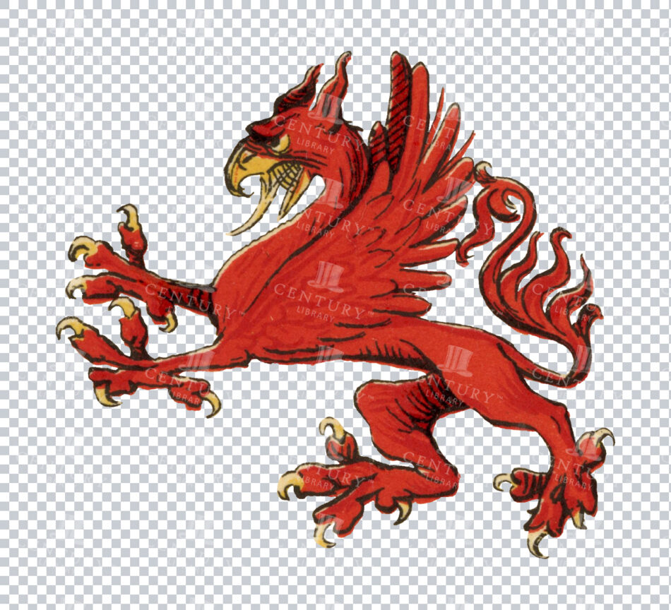 Red Heraldic Griffin Rampant With Open Beak And Spread Wings - Lion Hindquarters, Eagle Head, Curled Tail, Black Outline