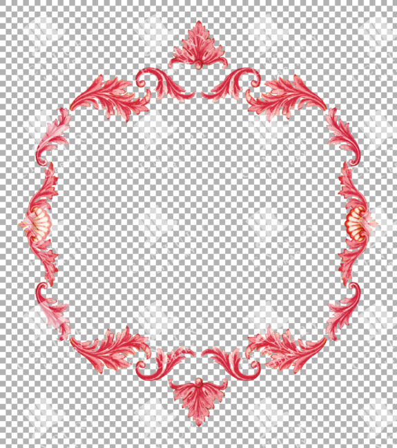 Red And Pink Floral Frame With Symmetrical Leaf Patterns And Shells
