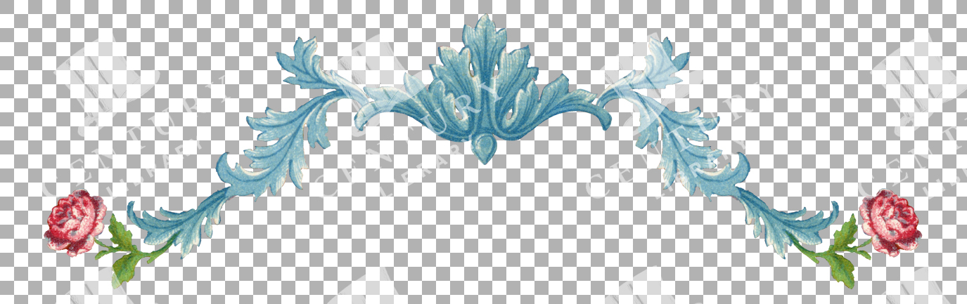 Elegant Floral Border With Blue Scroll Design And Pink Rose Accents