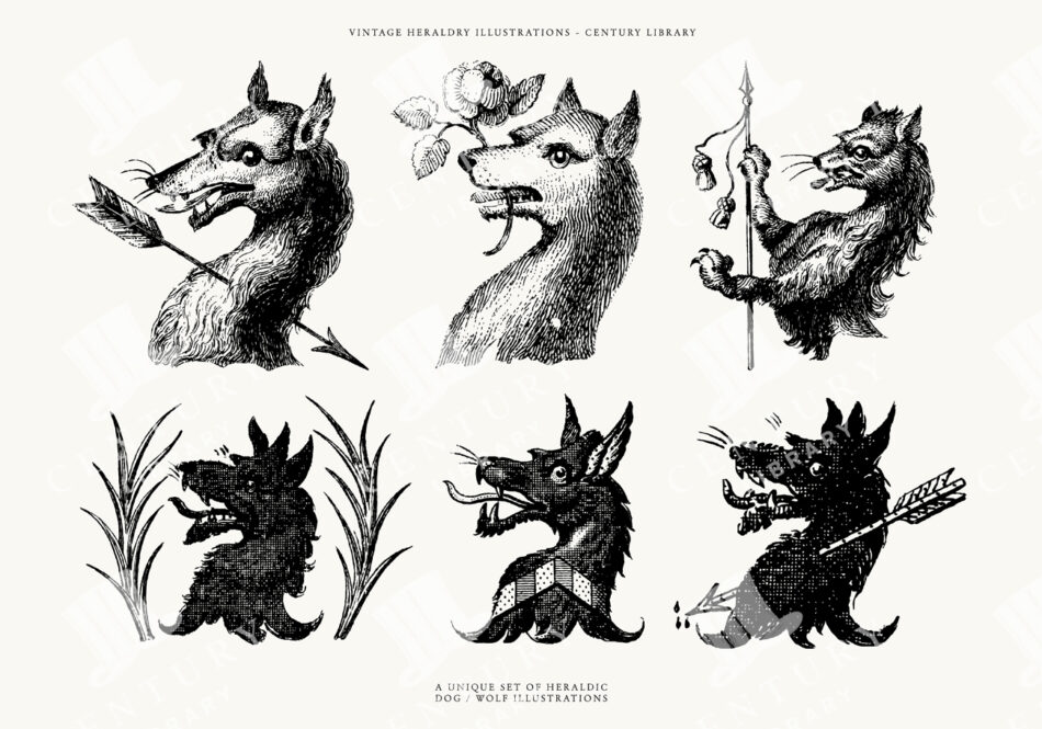 Heraldic Vector Illustration Collection Featuring Wolf, Dog, And Animal Emblems In Vintage Style