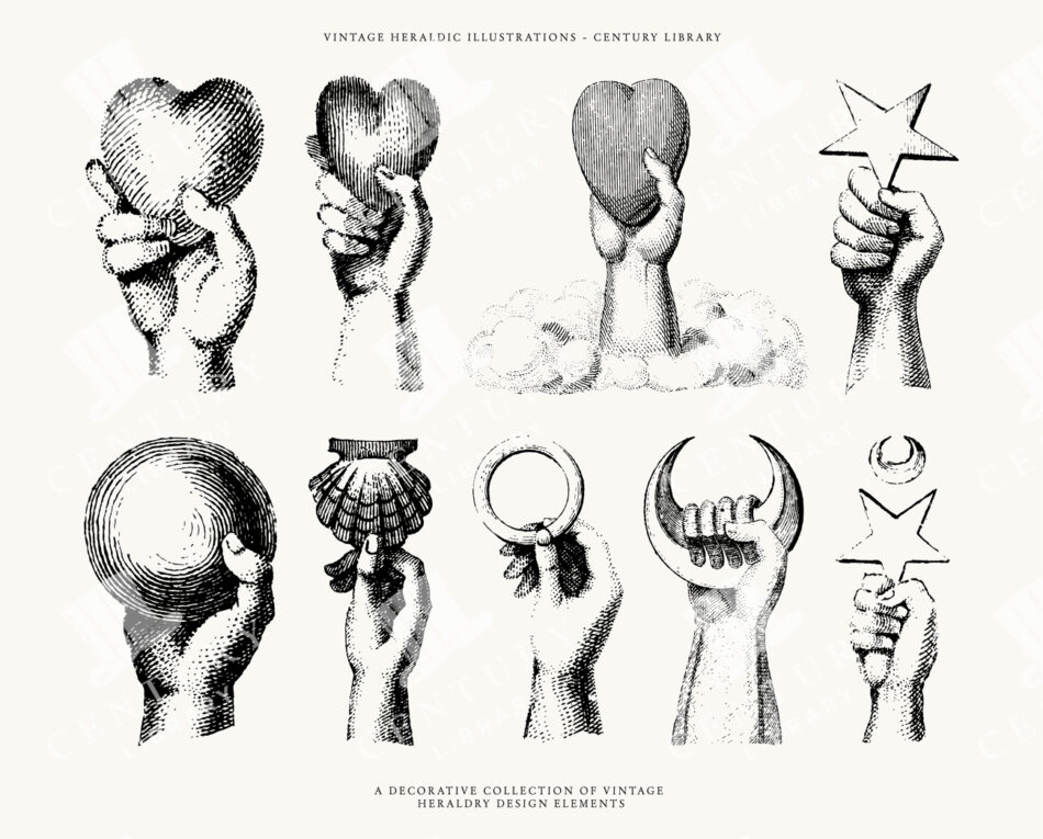 Heraldic Hands With Heart, Star, Orb, Scallop, Ring, Crescent, And Star-in-crescent - Stippled Emblems In Two Rows