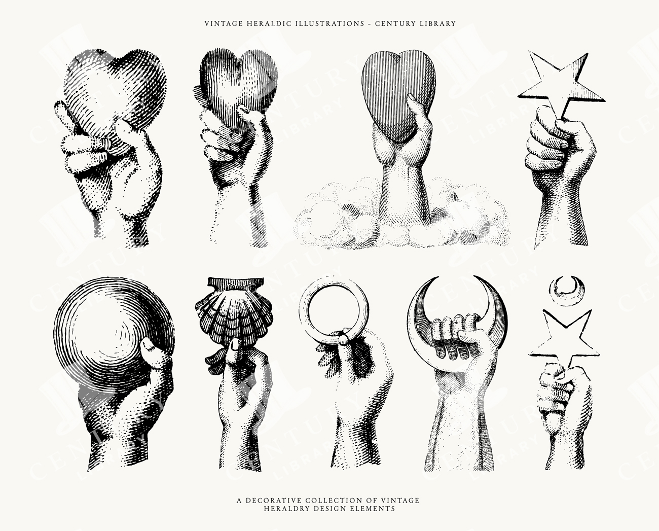 Heraldic Vector Collection Of Hands Holding Symbols Including Heart, Star, Moon, And Shell
