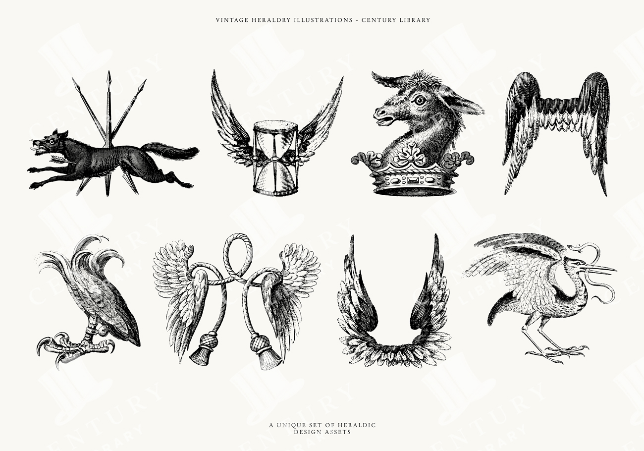Vintage Heraldry Animal Emblems Vector Collection Featuring Bird Wings, Crowned Goat, And Wolf With Arrows
