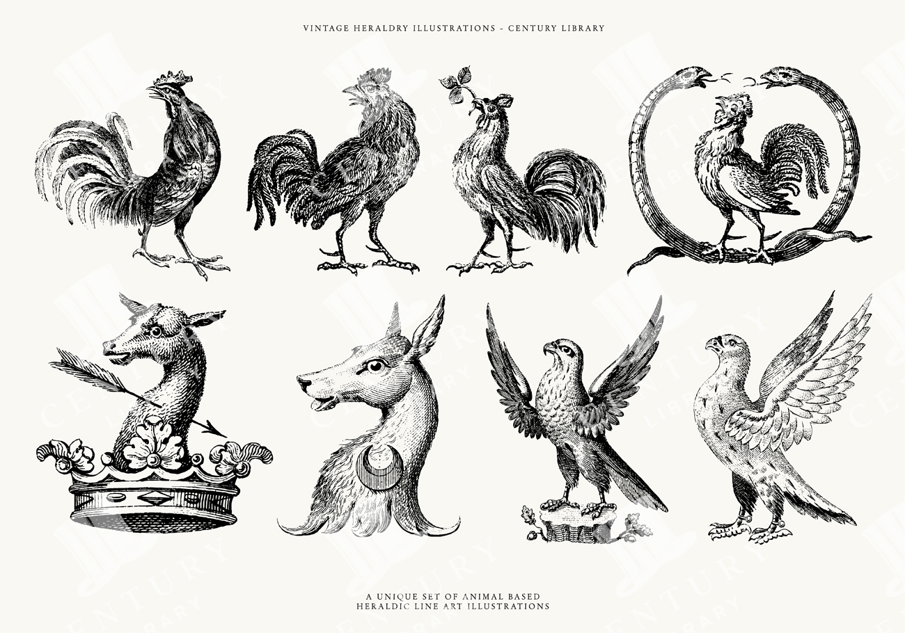 Vintage Heraldry Roosters And Animal Emblems Vector Collection Featuring Crowned Goat, Eagle, And Ouroboros