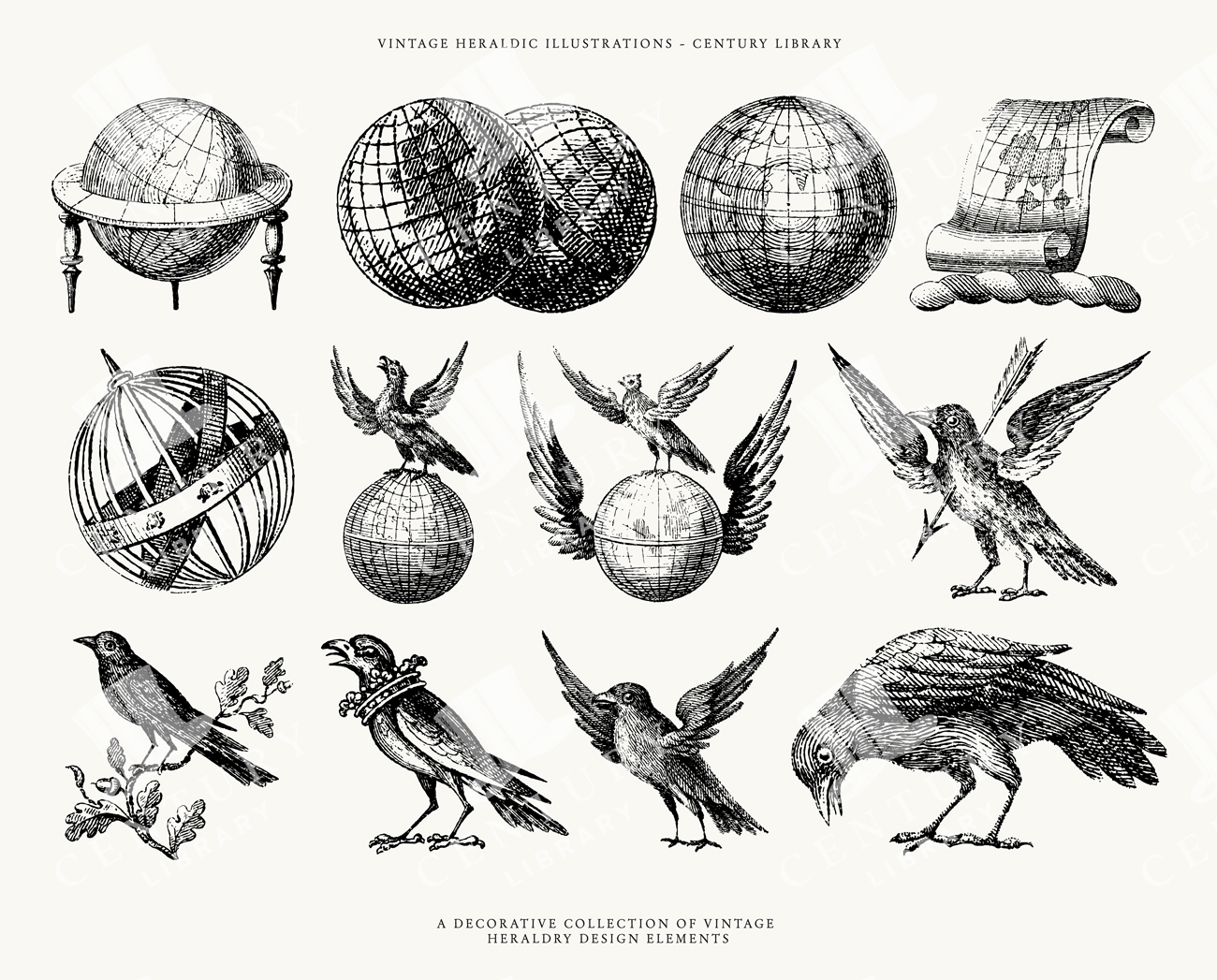 Vintage Globes And Birds Heraldry Vector Collection Featuring Spherical Maps, Scroll, And Eagles