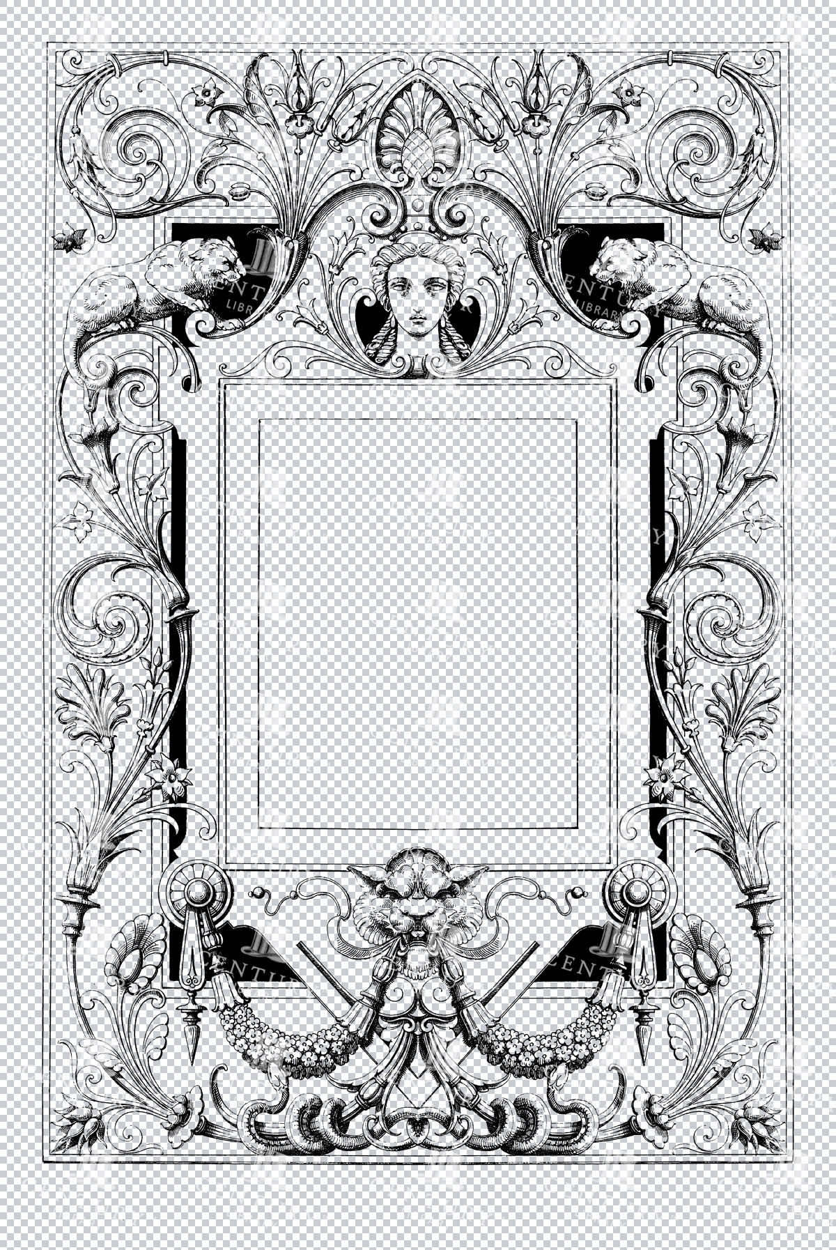 Baroque Grotesque Ornate Decorative Isolated Vintage Frame Line Art Illustration With Botanical Flourishes