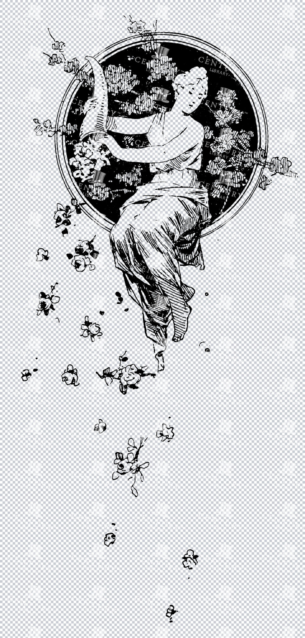 Greek Women Holding Horn Of Plenty Sitting Inside A Circular Window Frame With Floral Background And Flowers And Petals Falling To Ground