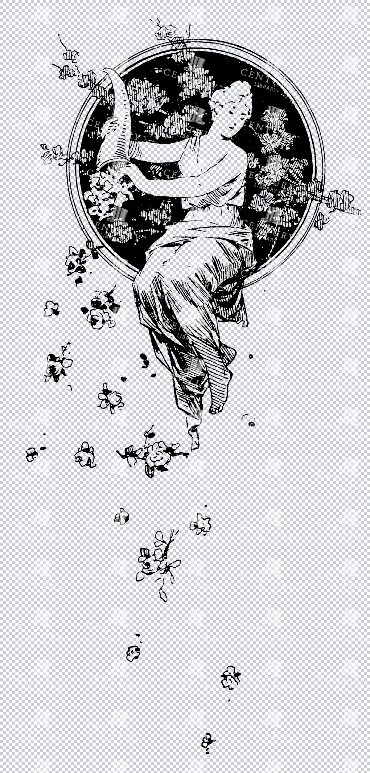 Greek Women Holding Horn Of Plenty Sitting Inside A Circular Window Frame With Floral Background And Flowers And Petals Falling To Ground