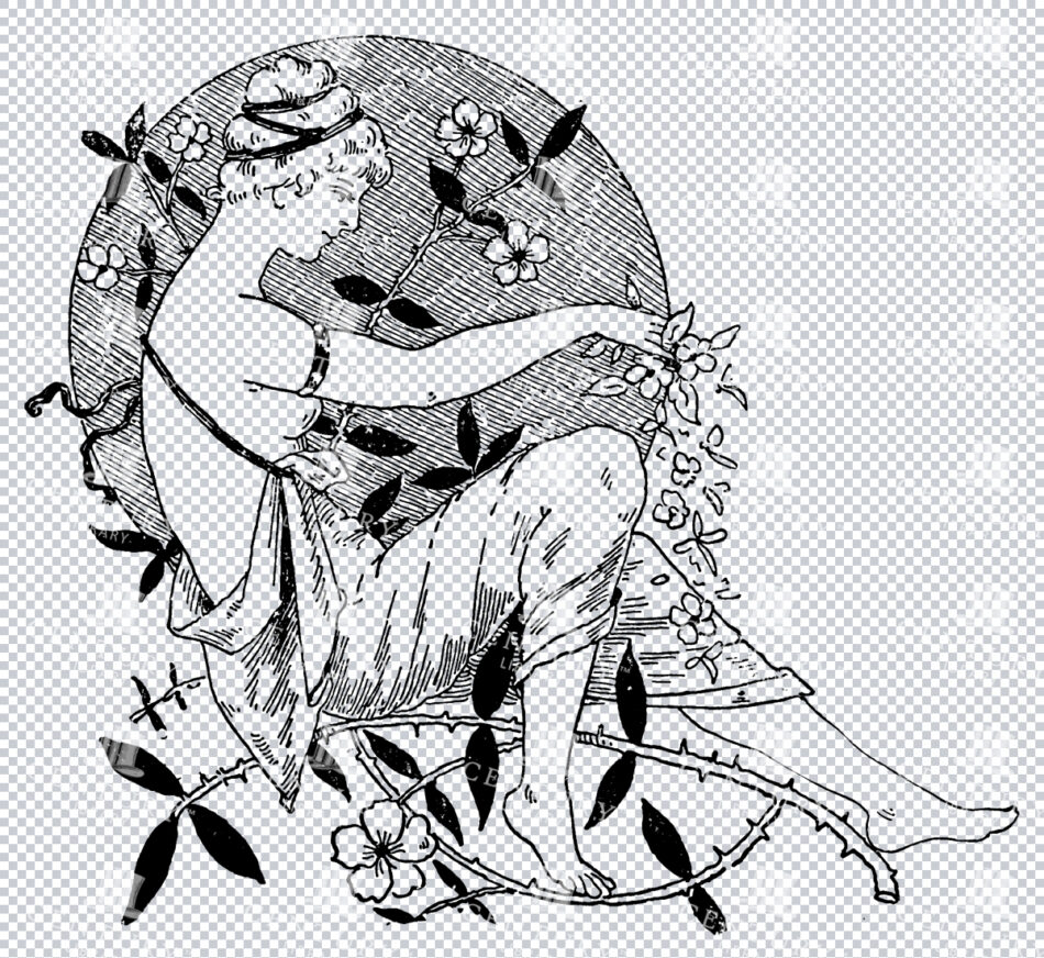 Side Profile Of Greek Lady Wearing Robes Sitting Among Thorny Vines Flowers And Leaves With Circular Background