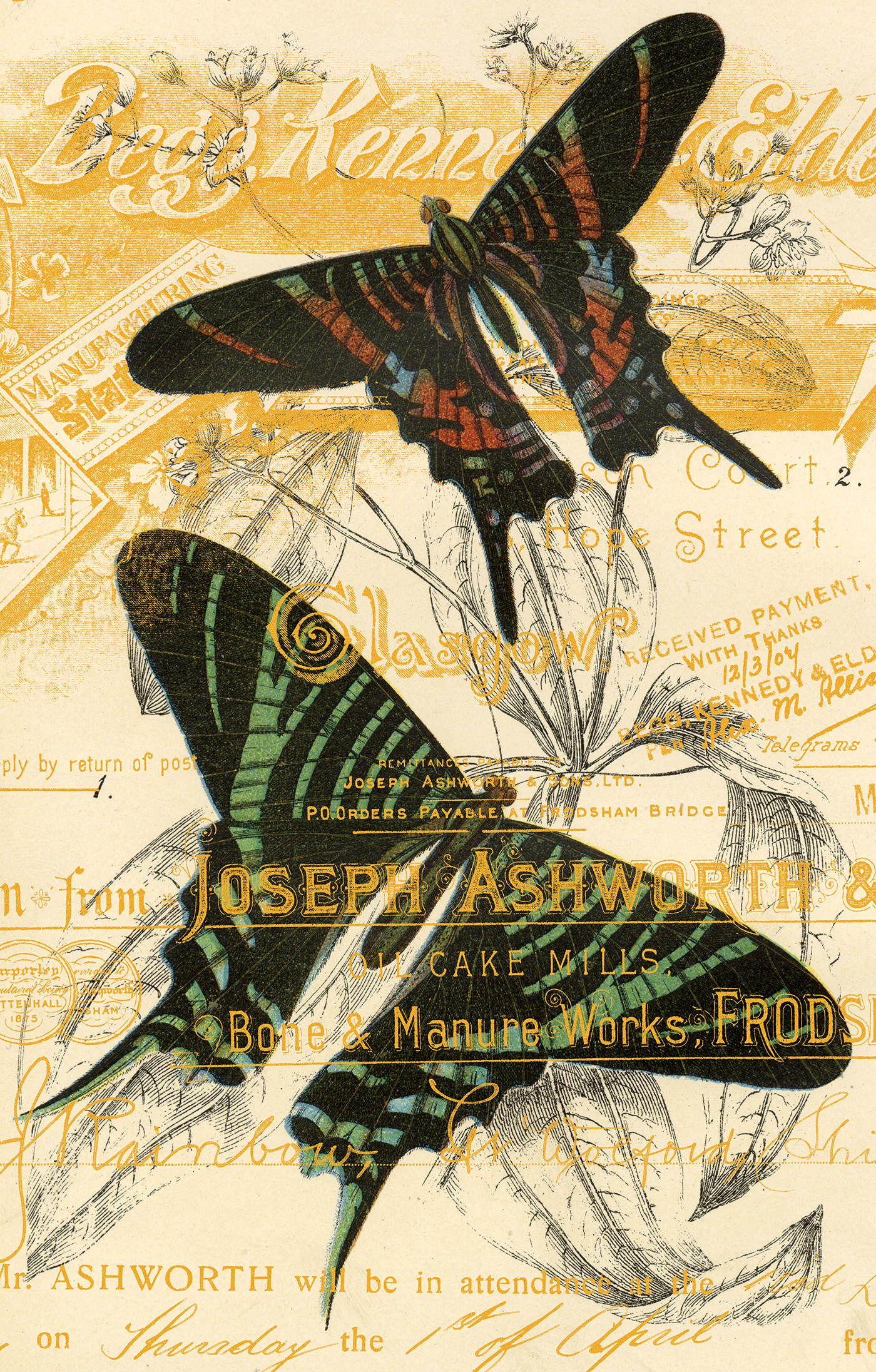 Vintage Butterfly Collage with Bold Text and Florals