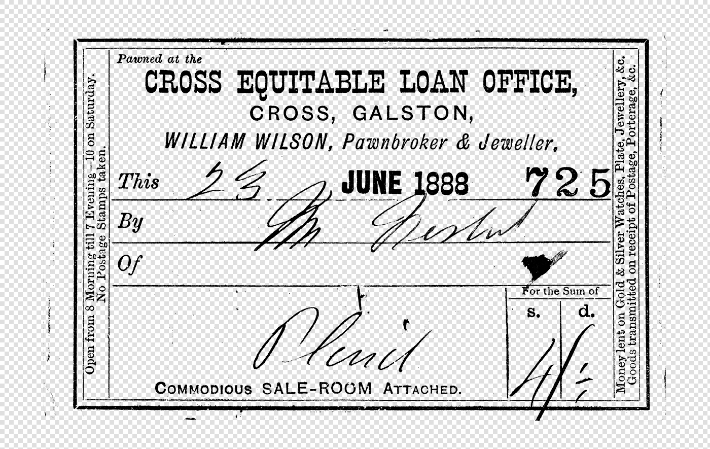 1888 Pawnbroker Receipt – Vintage Loan Office Overlay