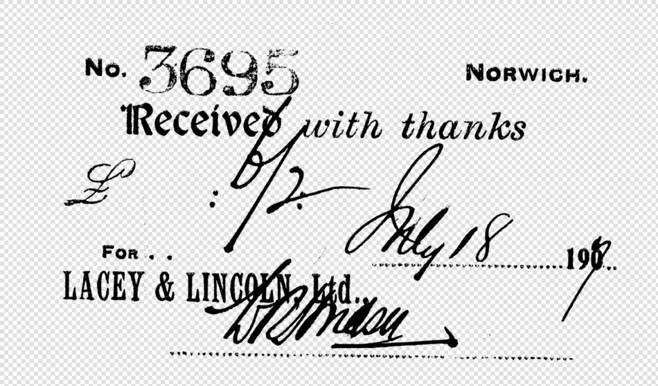 Receipt Header With 'received With Thanks' And No. 3695 - Norwich Imprint, Bold Serif Type With Overlaid Cursive Ink