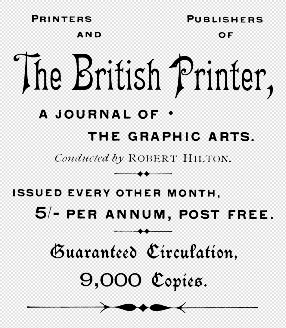 Typographic Advertisement For A Printing Journal - Ornate Blackletter Masthead, Mixed Serif Lettering, Bold Rules
