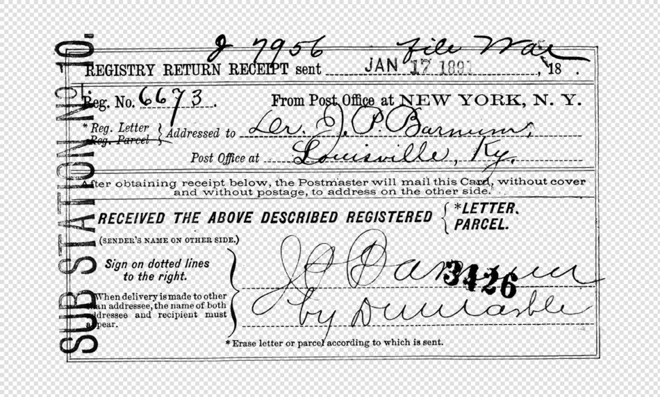 Vintage Postal Receipt Stamp with Handwriting & Printed Text – Transparent Overlay