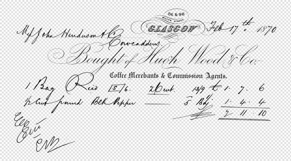 Ornate Calligraphic Billhead With Sweeping Copperplate Script - Decorative Glasgow Cartouche - Handwritten Amounts
