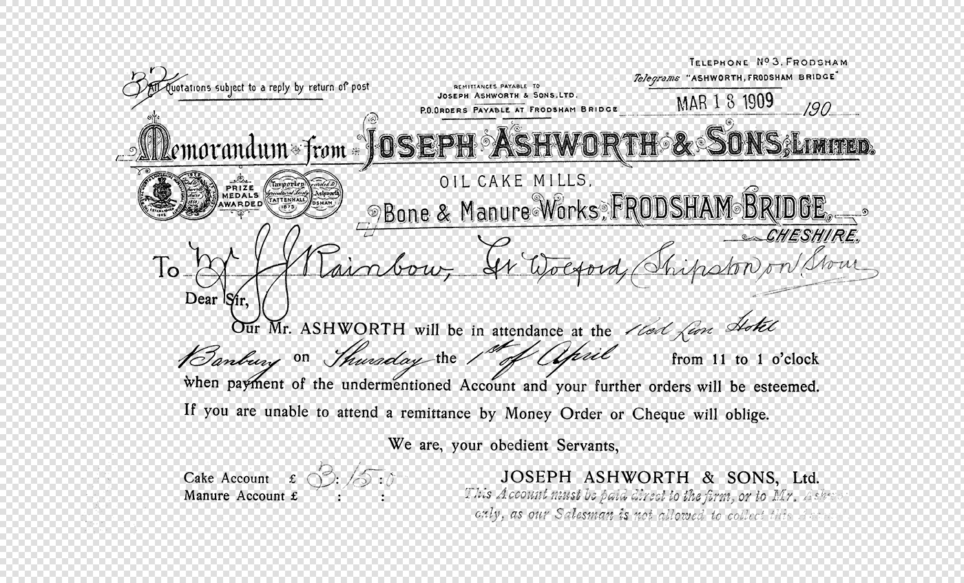 Vintage Memorandum (1909) - Joseph Ashworth & Sons - Antique Business Letter Ephemera
