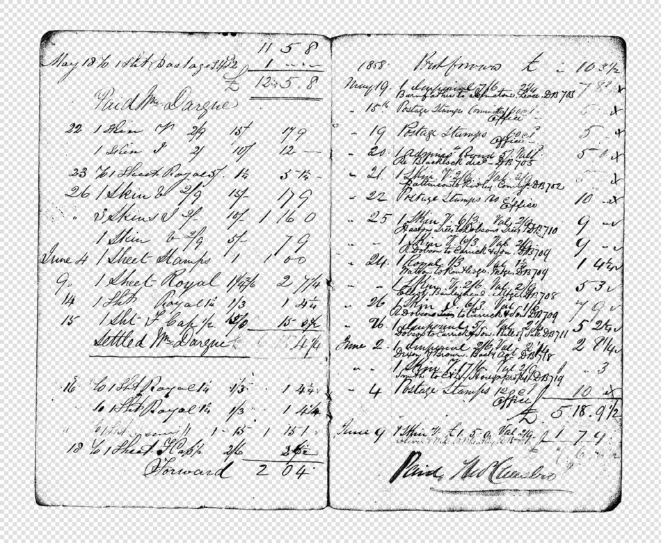 Victorian Financial Ledger (1858) – Handwritten Double-Page Account Book Entry