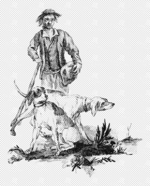Man with Hunting Dogs Tracking Prey in a Detailed Rural Illustration