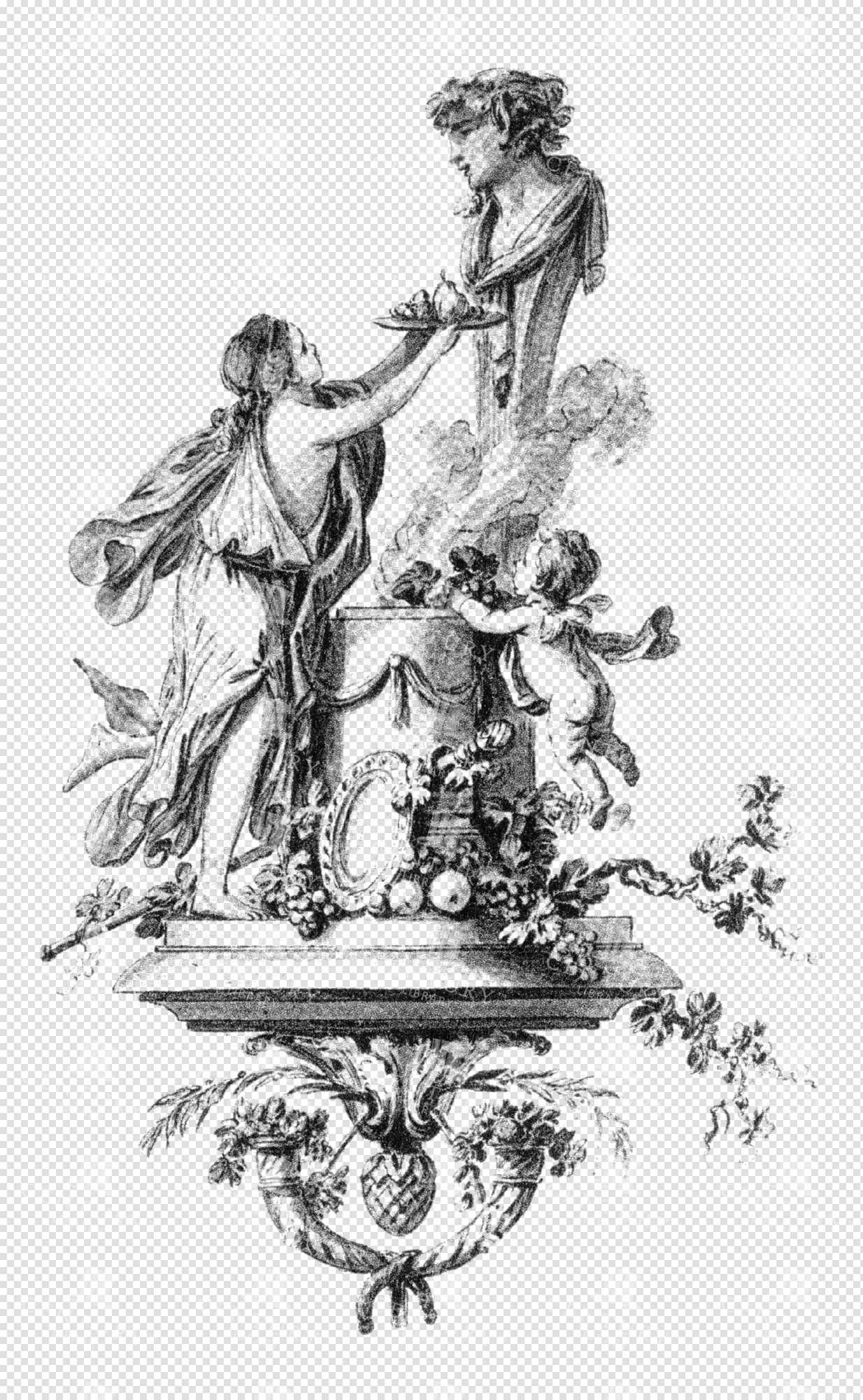 Neoclassical Offering Scene with Draped Figures and Cherub