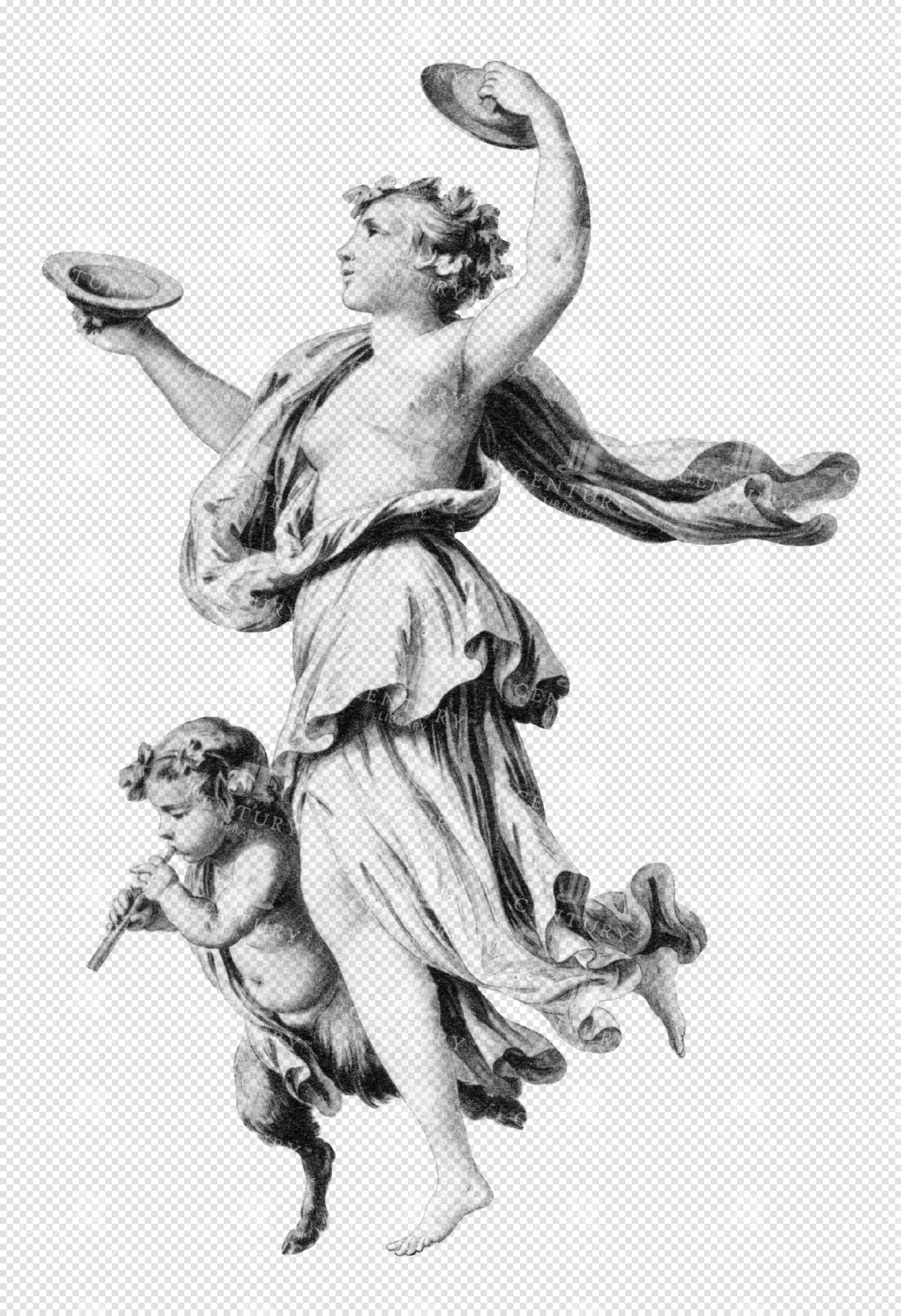 Classical Figure with Cymbals Dancing Alongside Child Playing Flute