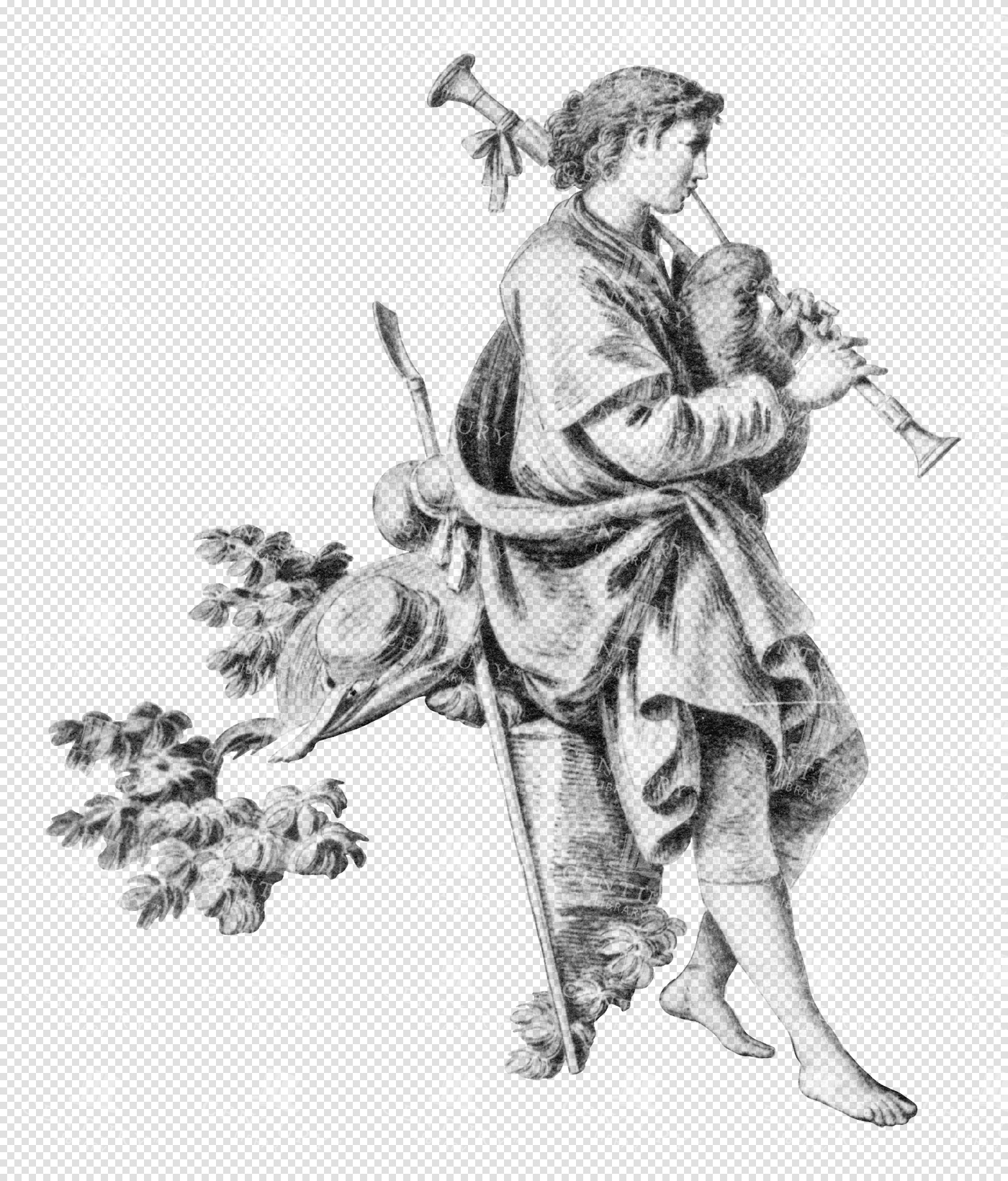 Pastoral Musician Playing Bagpipes in Vintage Engraved Style
