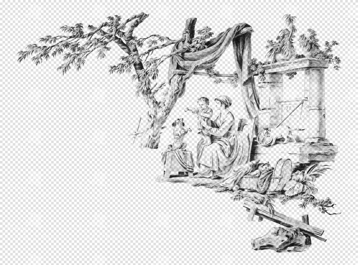 Elegant Victorian Mother and Child in Pastoral Toile Illustration