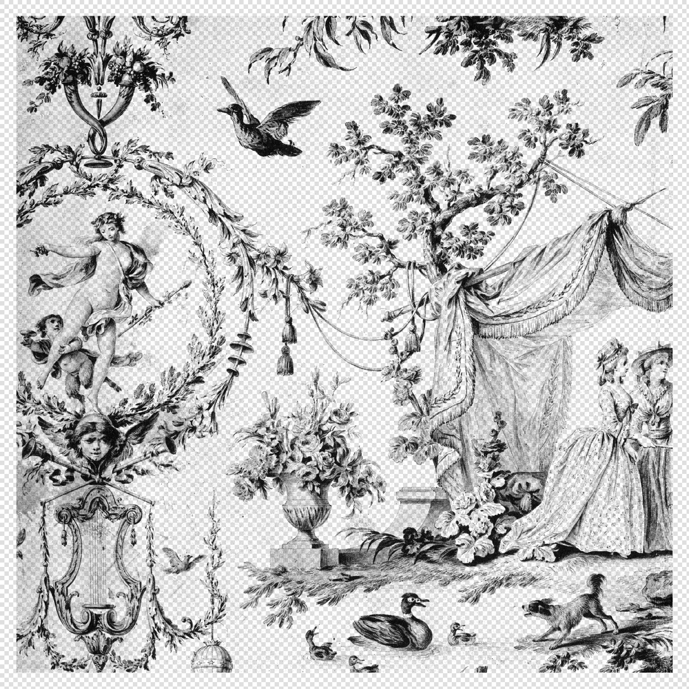 Victorian Toile De Jouy Print with Draped Canopy