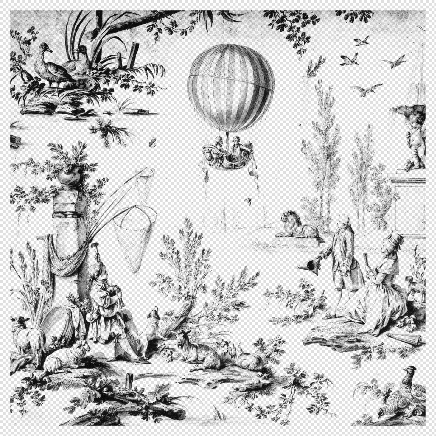 Victorian Toile De Jouy Print with Hot Air Balloon