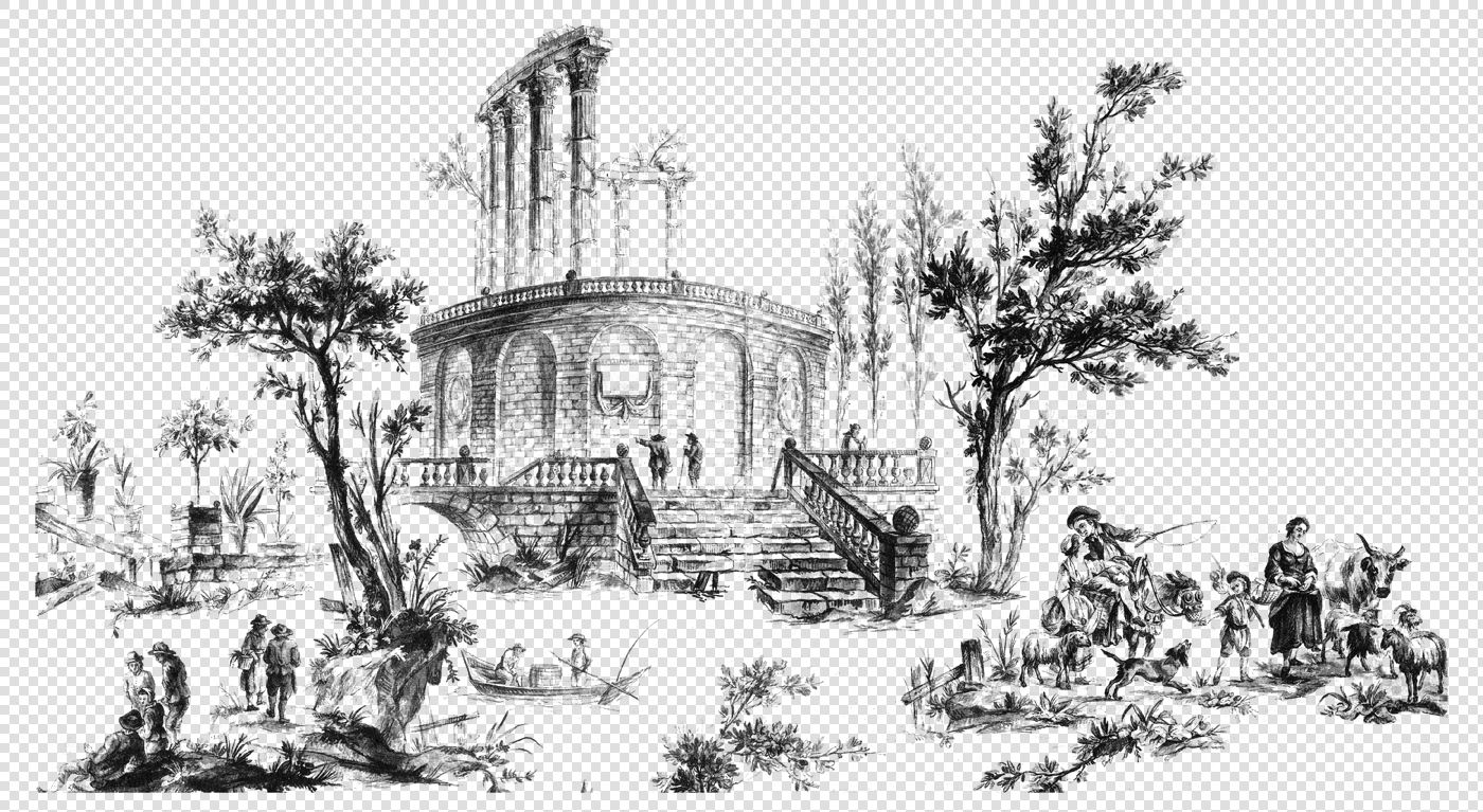 Elegant Ruins and Countryside Life Toile De Jouy Print