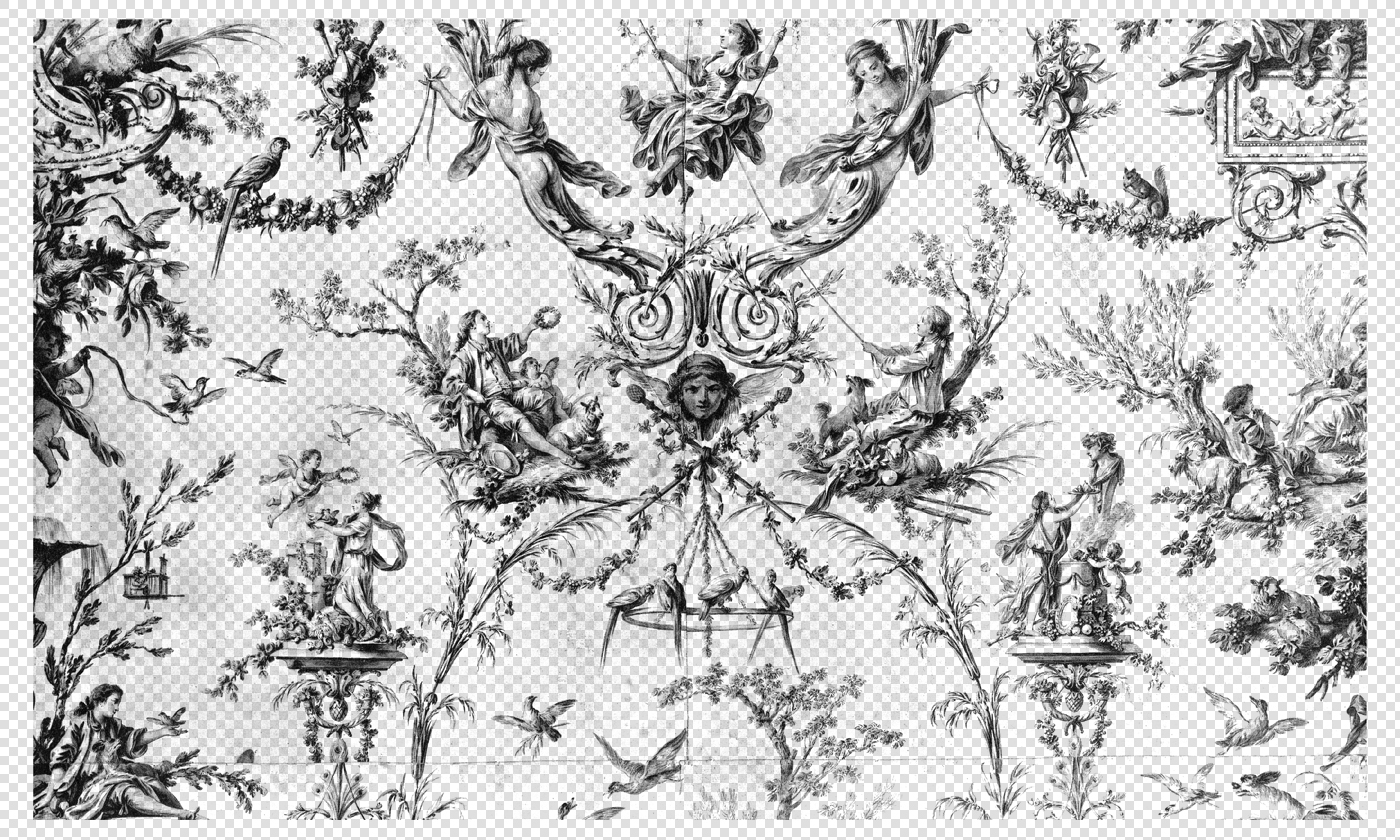 Elegant Toile De Jouy Background with Swinging Figures and Ornamental Flourishes