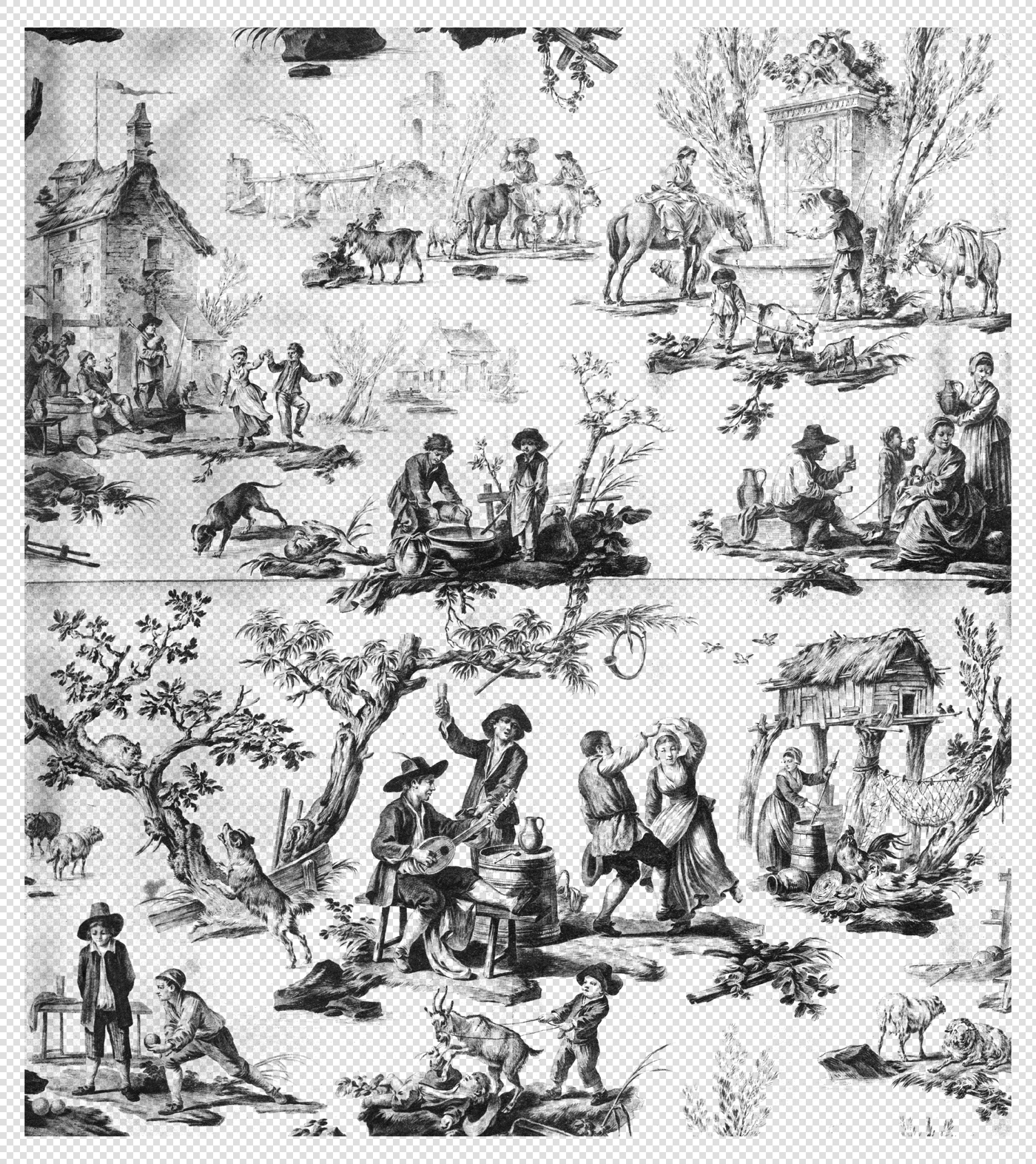 Lively Toile De Jouy Patterns with Pastoral Scenes