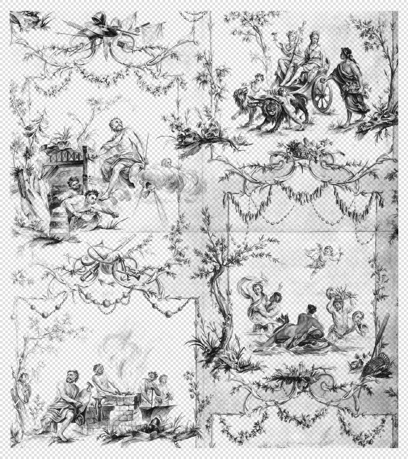 Mythological and Pastoral Scenes in Toile De Jouy Patterns with Ornate Details