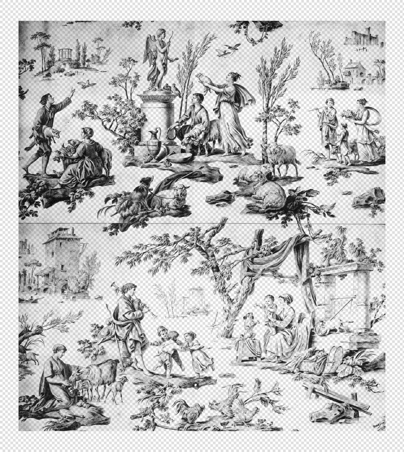 Romantic Pastoral Scenes in Toile De Jouy Patterns with Classical and Rustic Charm