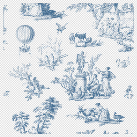 Scenic Countryside Toile De Jouy Seamless Pattern – Blue Variant (Transparent PNG