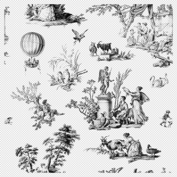 Vintage Toile De Jouy Seamless Pattern – Black Variant (Transparent PNG)