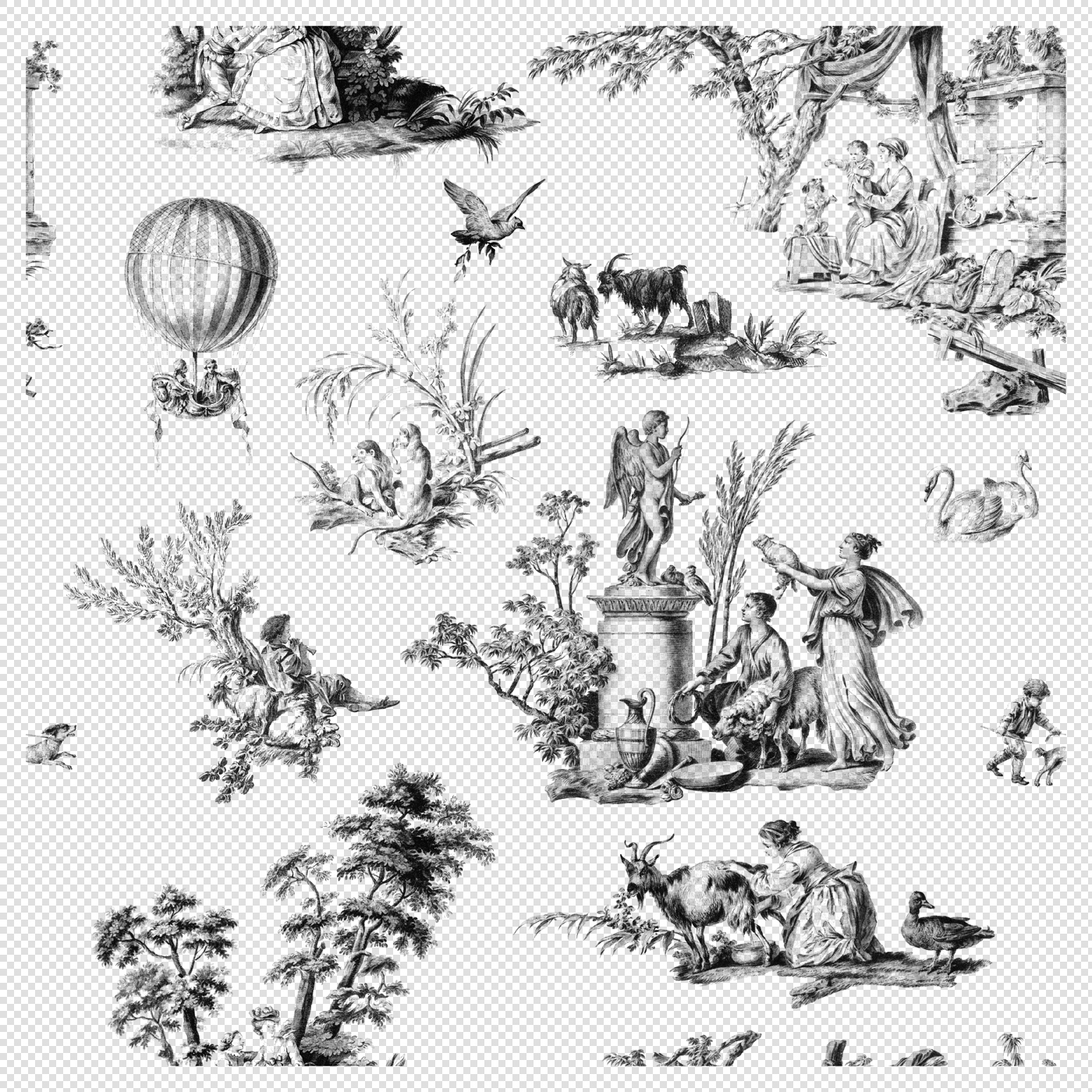 Vintage Toile De Jouy Seamless Pattern – Black Variant (Transparent PNG)