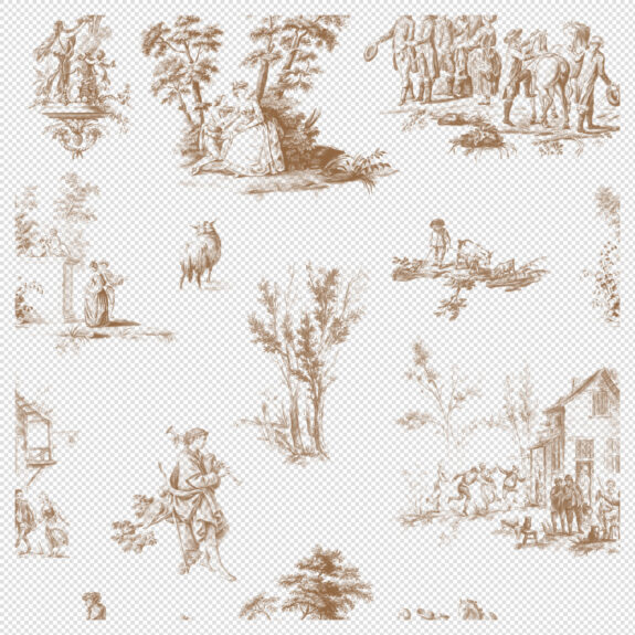 Vintage Toile De Jouy Seamless Pattern – Sepia Variant (Transparent PNG) with Pastoral Scenes