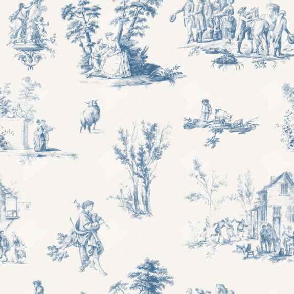 Vintage Toile De Jouy Seamless Pattern – Blue Variant with Pastoral Scenes and Elegant Details